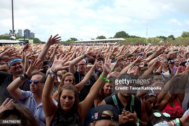 Festival goers are seen at the Samsung Stage at Lollapalooza 2016 - Day 3 at Grant Park on July 30, 2016 in Chicago, Illinois.