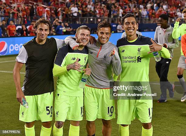 Lazar Markovic, Alberto Moreno, Philippe Coutinho and Roberto Firmino of Liverpool at the end of the International Champions Cup 2016 match between...