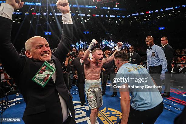 Carl Frampton celebrates his win after defeating Leo Santa Cruz in the 12 round WBA Super featherweight championship bout at Barclays Center on July...