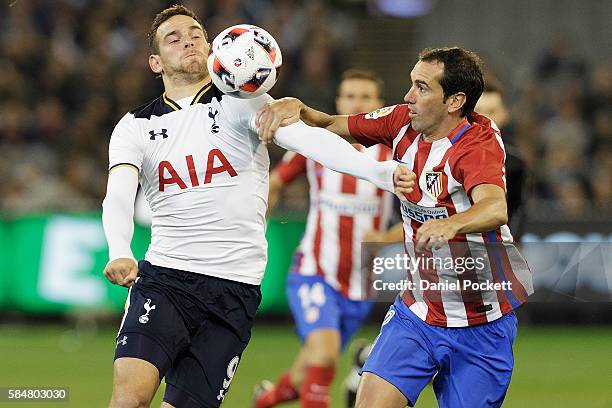 Vincent Janssen of Tottenham Hotspur and Hector Diego Godn of Atletico de Madrid compete for the ball during 2016 International Champions Cup...