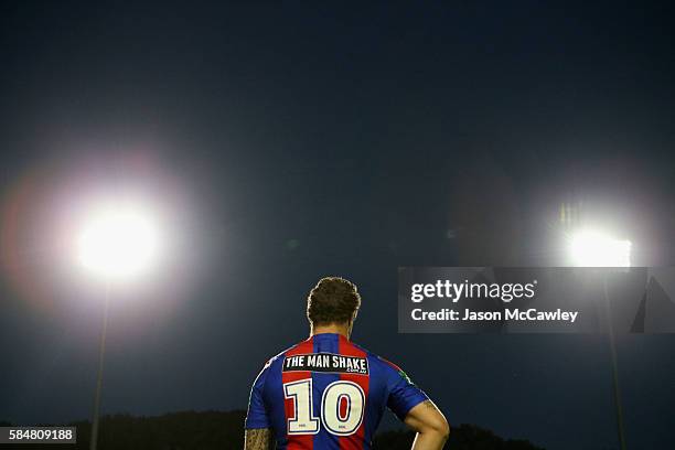 Korbin Sims of the Knights watches on during the round 21 NRL match between the Manly Sea Eagles and the Newcastle Knights at Brookvale Oval on July...