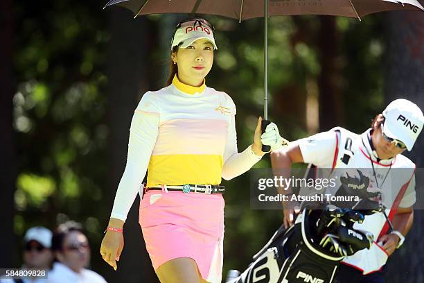 So-Young Kim of South Korea looks on during the final round of the Daito Kentaku Eheyanet Ladies 2016 at the Narusawa Golf Club on July 31, 2016 in...