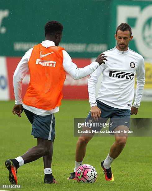 Marcelo Brozovic is challenged by Eloge Koffi Yao Guy during of the FC Internazionale Juvenile Team training Session on July 31, 2016 in Bruneck,