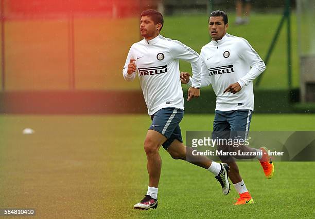 Ever Banega and Jeison Murillo of FC Internazionale run during of the FC Internazionale Juvenile Team training Session on July 31, 2016 in Bruneck,
