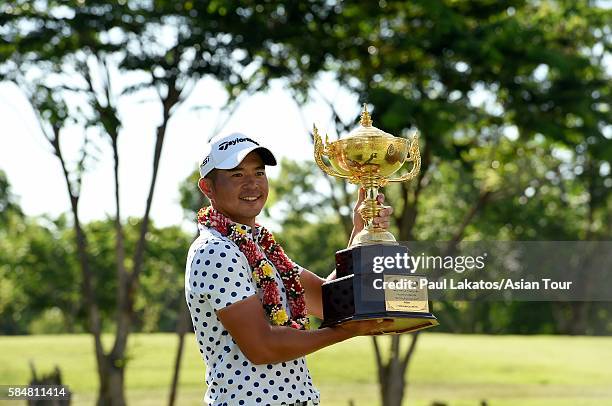 Chan Shih-chang of Chinese Taiepi pictured with the winner's trophy during round four of the King's Cup at Phoenix Gold Golf and Country Club on July...