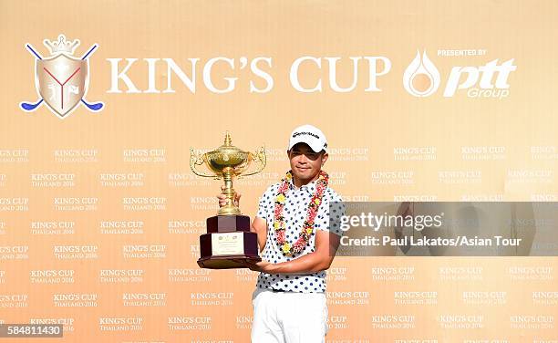 Chan Shih-chang of Chinese Taiepi pictured with the winner's trophy during round four of the King's Cup at Phoenix Gold Golf and Country Club on July...