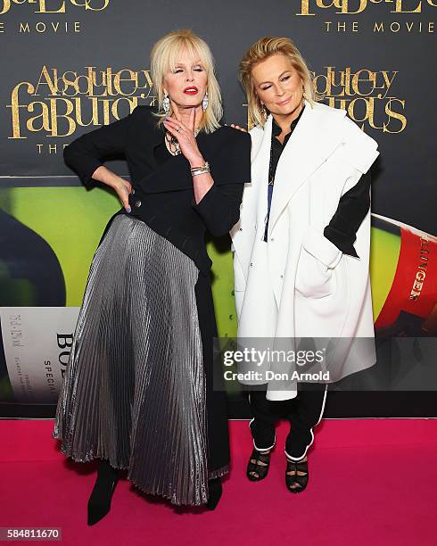 Joanna Lumley and Jennifer Saunders arrive ahead of the Absolutely Fabulous: The Movie Australian premiere at State Theatre on July 31, 2016 in...