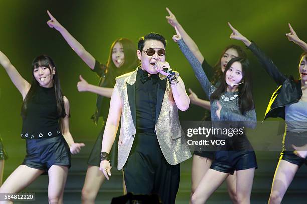 South Korean singer Psy performs onstage during the SNH48 election of the year on July 30, 2016 in Shanghai, China.