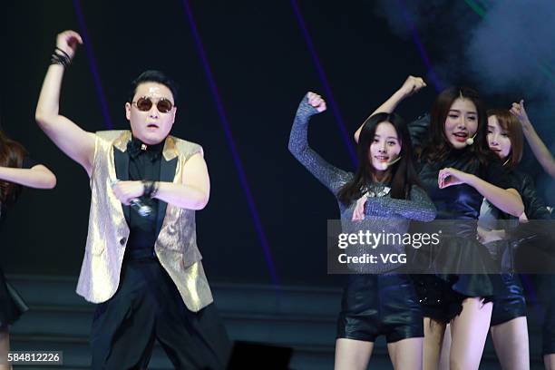 South Korean singer Psy performs onstage during the SNH48 election of the year on July 30, 2016 in Shanghai, China.