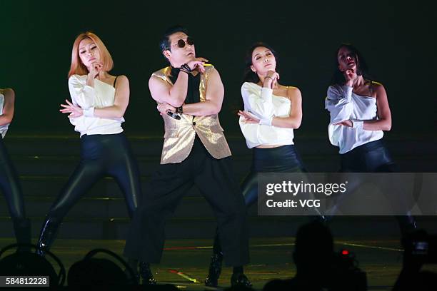 South Korean singer Psy performs onstage during the SNH48 election of the year on July 30, 2016 in Shanghai, China.