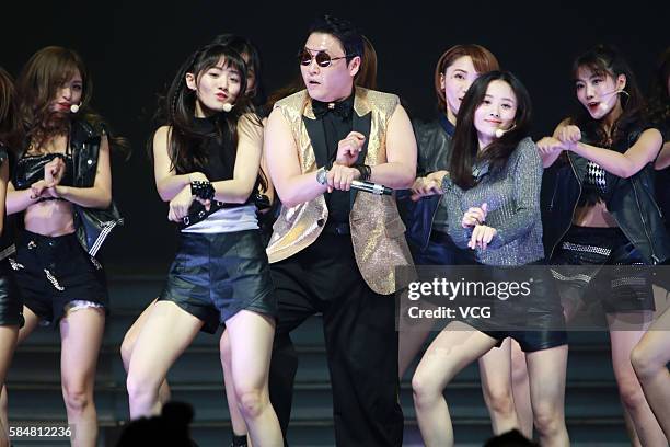 South Korean singer Psy performs onstage during the SNH48 election of the year on July 30, 2016 in Shanghai, China.