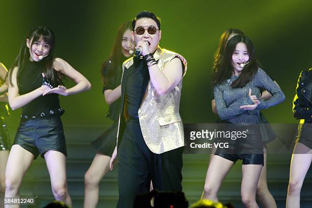 South Korean singer Psy performs onstage during the SNH48 election of the year on July 30, 2016 in Shanghai, China.