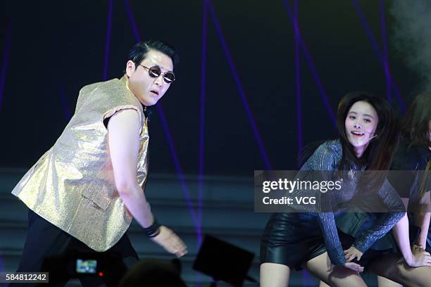 South Korean singer Psy performs onstage during the SNH48 election of the year on July 30, 2016 in Shanghai, China.