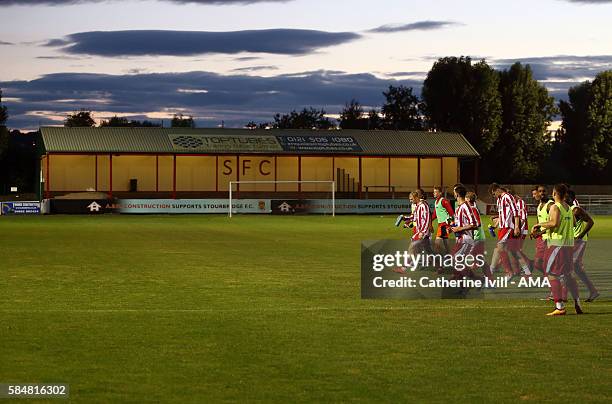 Players warm down at the War Memorial Athletic Ground stadium after the Pre-Season Friendly match between Stourbridge and Shrewsbury Town on July 25,...