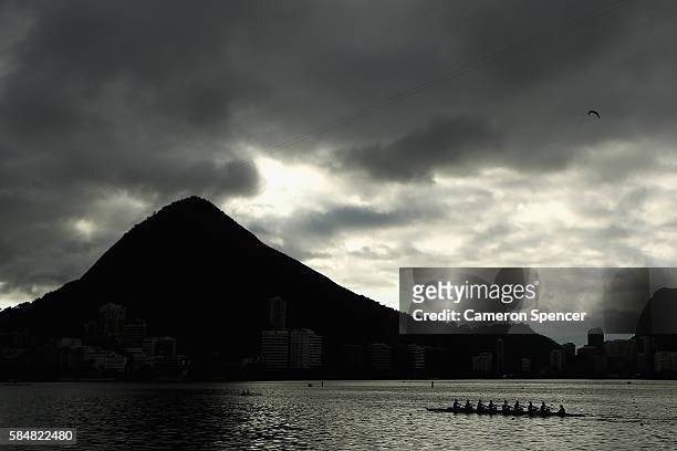 The New Zealand womens eight train on Lagoa Rodrigo de Freitas, the site of the Olympic rowing venue for the 2016 Summer Olympic Games on July 31,...