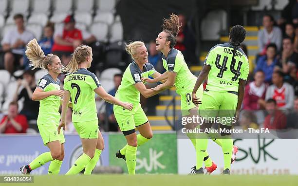 Caroline Weir of Liverpool celebrates scoring their second goal during the WSL match between Arsenal Ladies and Liverpool Ladies at Meadow Park on...