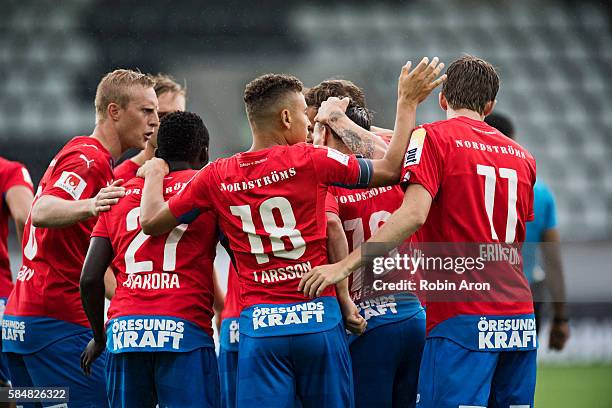 Teammates of Helsingborgs IF celebrates after Anton Wede scoring the opening 0-1 goal during the Allsvenskan match between BK Hacken and Helsingborgs...