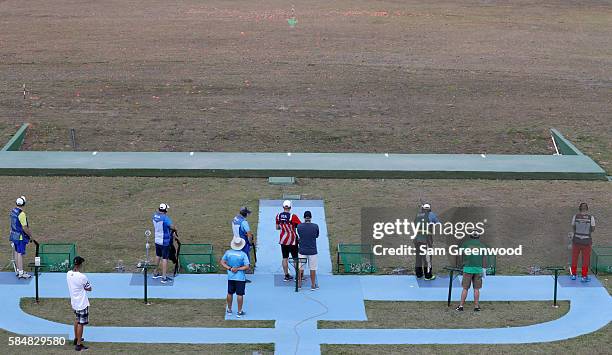 Athletes as seen during a Double Trap practice session at the Olympic Shooting Center on July 31, 2016 in Rio de Janeiro, Brazil.