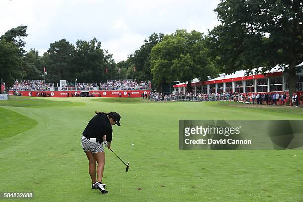Ariya Jutanugarn of Thailand hits her second shot on the 18th hole during the final round of the Ricoh Women's British Open at Woburn Golf Club on...