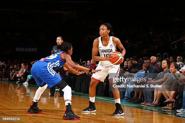 Nirra Fields of Canada handles the ball against France during a practice on July 31, 2016 at Madison Square Garden in New York, New York. NOTE TO...