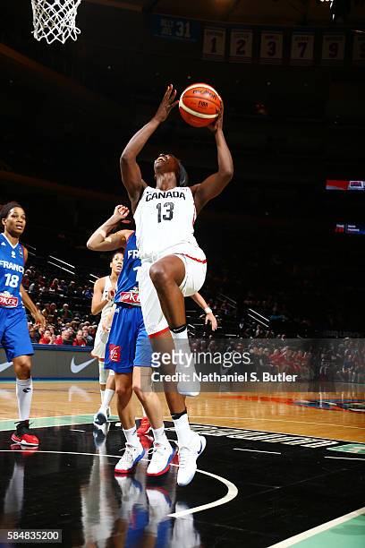 Tamara Tatham of Canada shoots a lay up against France during a practice on July 31, 2016 at Madison Square Garden in New York, New York. NOTE TO...