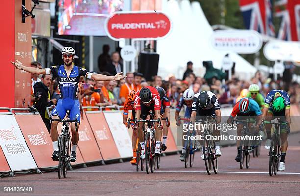 Belgium's Tom Boonen of Etixx - Quick Step celebrates after winning the sprint during the Prudential RideLondon Surrey Classic on July 31, 2016 in...