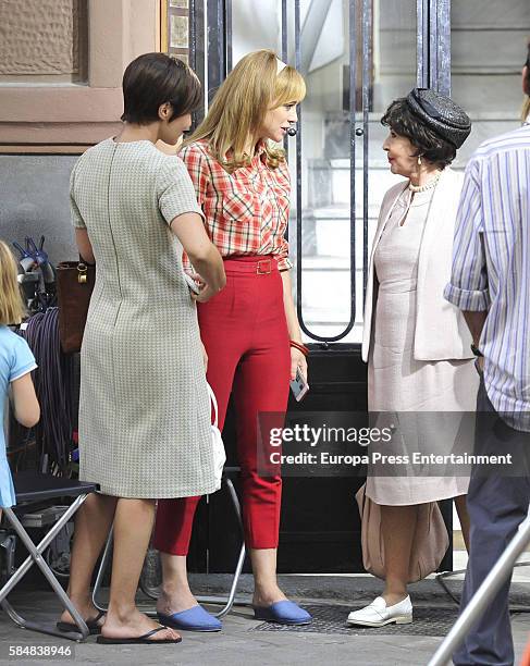 Paula Echevarria, Marta Hazas and Concha Velasco are seen during the set filming of Galerias Velvet on July 12, 2016 in Madrid, Spain.