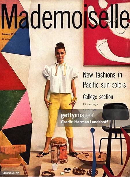 Model wearing embroidered, puff-sleeved peasant smock, denim peon pants, both by Georgia Kay, Max Factor lipstick, Rose Sweet beads, and Joyce thong...