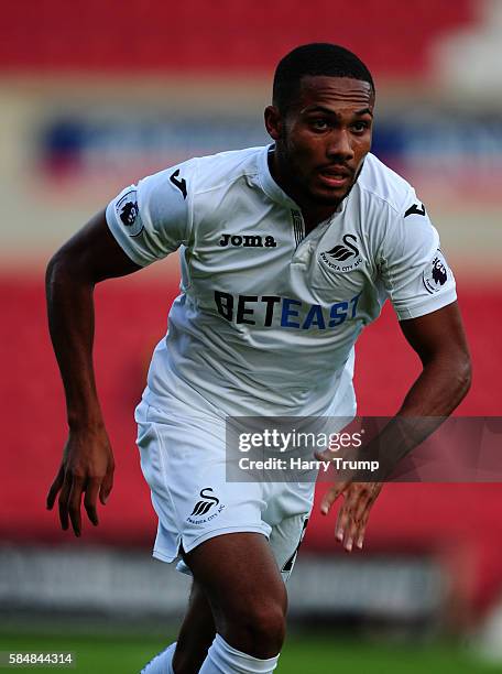 Kenji Gorre of Swansea City during the Pre Season Friendly match between Swindon Town and Swansea City at the County Ground on July 27, 2016 in...