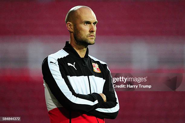 Luke Williams, Manager of Swindon Town during the Pre Season Friendly match between Swindon Town and Swansea City at the County Ground on July 27,...