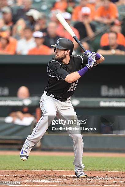 David Dahl of the Colorado Rockies prepares for a pitch during a baseball game against the Baltimore Orioles at Oriole Park at Camden Yards on July...