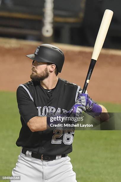 David Dahl of the Colorado Rockies prepares for a pitch during a baseball game against the Baltimore Orioles at Oriole Park at Camden Yards on July...