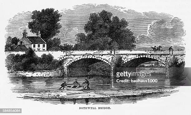ilustraciones, imágenes clip art, dibujos animados e iconos de stock de puente bothwell, bothwell, south lanarkshire, escocia grabado victoriano, 1840 - clyde river