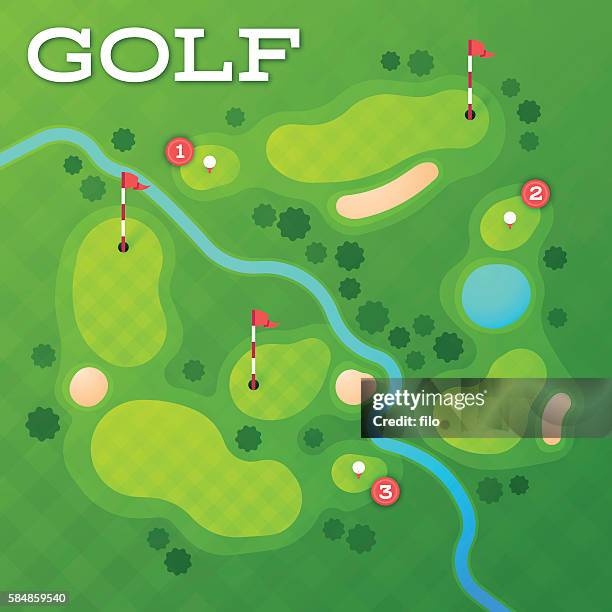 ilustrações de stock, clip art, desenhos animados e ícones de campo de golfe - vista aérea