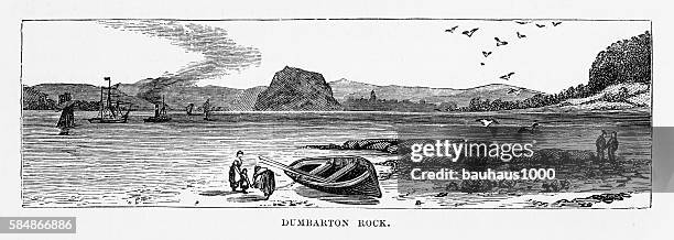 ilustraciones, imágenes clip art, dibujos animados e iconos de stock de dumbarton rock en dumbarton, escocia grabado victoriano, alrededor de 1840 - clyde river