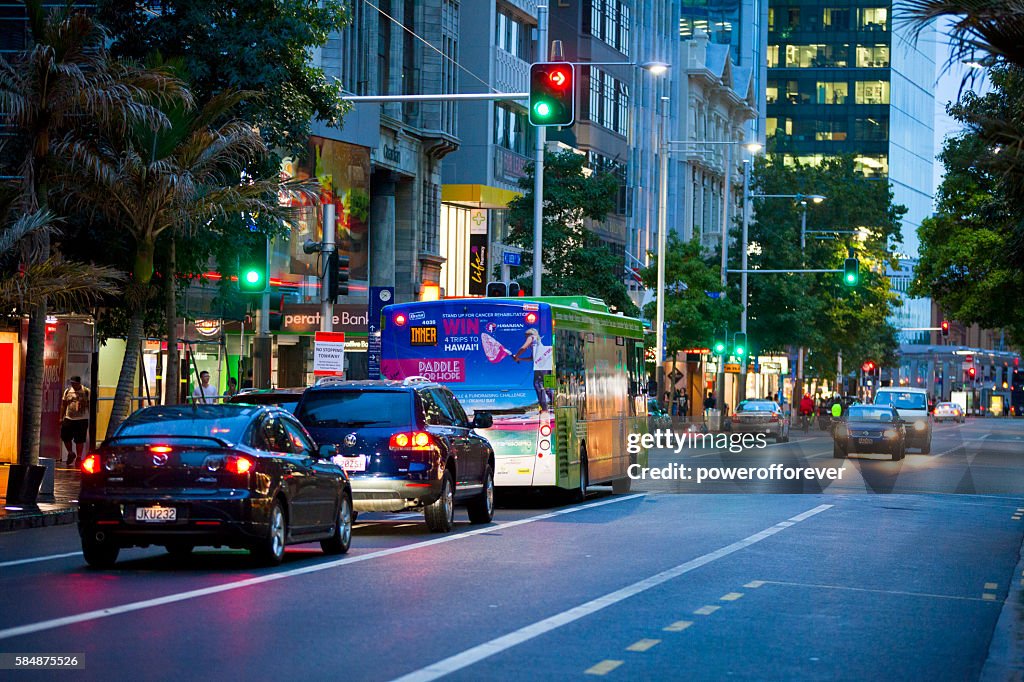 Traffic on Queen street in downtown Auckland, New Zealand