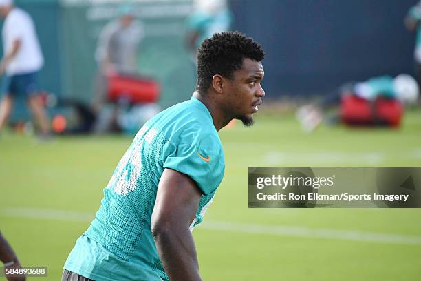 Dion Jordan of the Miami Dolphins looks on during training camp on July 31, 2016 at the Miami Dolphins training facility in Davie, Florida.