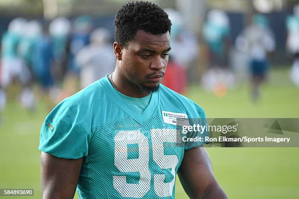 Dion Jordan of the Miami Dolphins looks on during training camp on July 31, 2016 at the Miami Dolphins training facility in Davie, Florida.