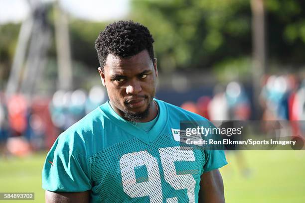 Dion Jordan of the Miami Dolphins looks on during training camp on July 31, 2016 at the Miami Dolphins training facility in Davie, Florida.