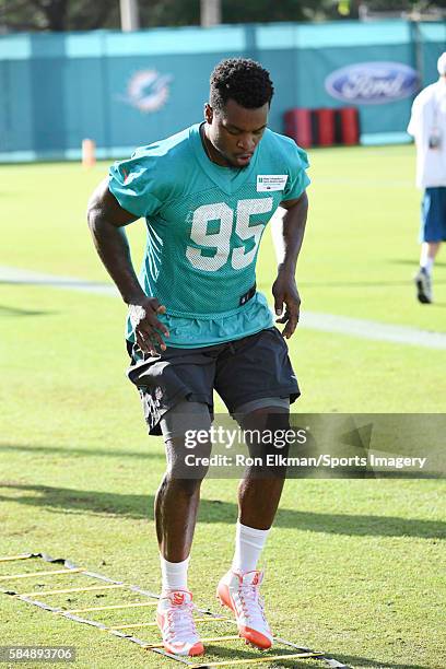 Dion Jordan of the Miami Dolphins works out during training camp on July 31, 2016 at the Miami Dolphins training facility in Davie, Florida.