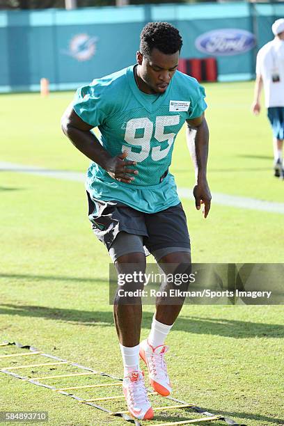 Dion Jordan of the Miami Dolphins works out during training camp on July 31, 2016 at the Miami Dolphins training facility in Davie, Florida.