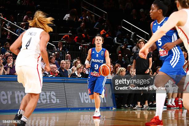 Celine Dumerc of France brings the ball up court against Canada during a practice on July 31, 2016 at Madison Square Garden in New York, New York....