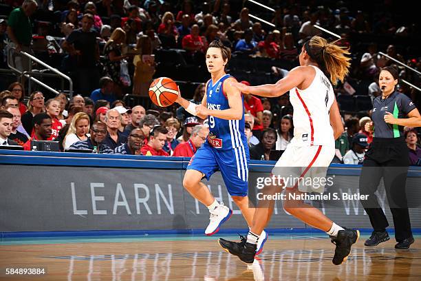 Celine Dumerc of France drives to the basket against Canada during a practice on July 31, 2016 at Madison Square Garden in New York, New York. NOTE...
