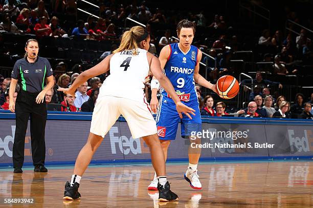 Celine Dumerc of France handles the ball against Canada during a practice on July 31, 2016 at Madison Square Garden in New York, New York. NOTE TO...
