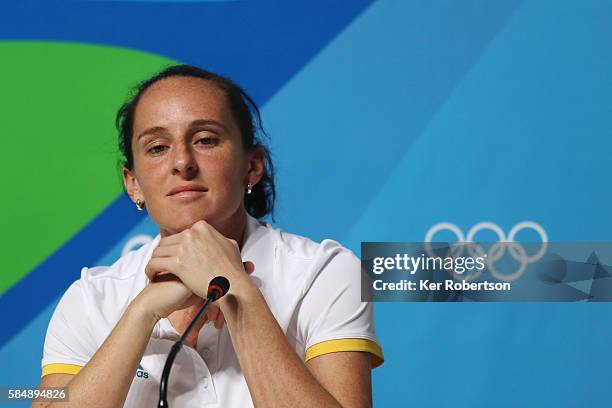 Australian Olympic Team hockey player Madonna Blyth talks while attending a press conference on July 31, 2016 in Rio de Janeiro, Brazil.