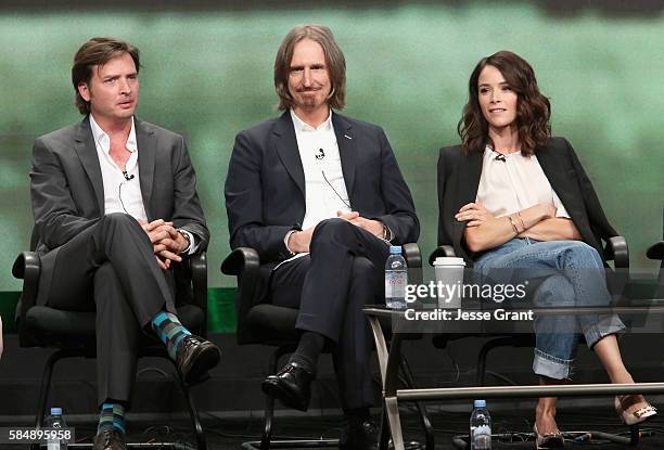 Actor Aden Young, Creator/executive producer/writer/director Ray McKinnon and actress Abigail Spencer speak onstage during the 'Rectify' panel...