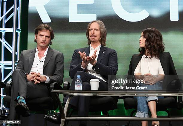 Actor Aden Young, Creator/executive producer/writer/director Ray McKinnon and actress Abigail Spencer speak onstage during the 'Rectify' panel...