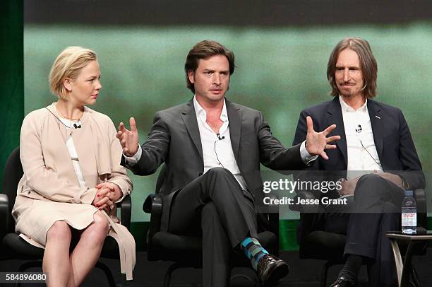 Actors Adelaide Clemens, Aden Young and Creator/executive producer/writer/director Ray McKinnon speak onstage during the 'Rectify' panel discussion...