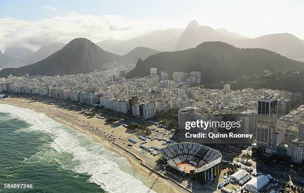 Aerial view of Arena de Vlei de Praia which is home to the beach volleyball as Rio prepares for the 2016 Summer Olympic Games on July 31, 2016 in Rio...