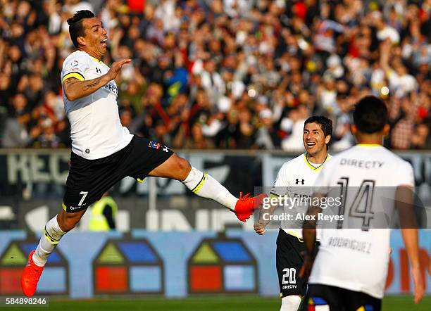 Esteban Paredes of Colo Colo celebrates after scoring the first goal his team during a match between Colo Colo and Union Espanola as part of...